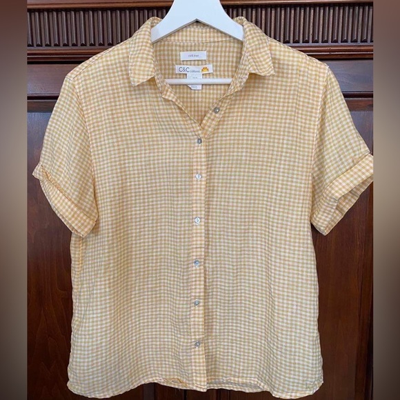 Tops - C&C California 100% linen yellow gingham short sleeve blouse abalone buttons